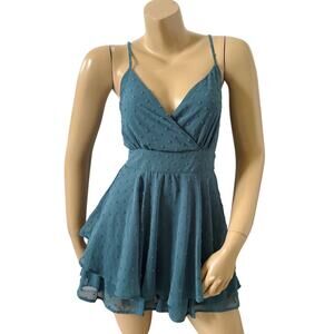 Allison + Kelly Romper Small Teal Swiss Dot Spaghetti Strap Tie Back Ruffle NWT